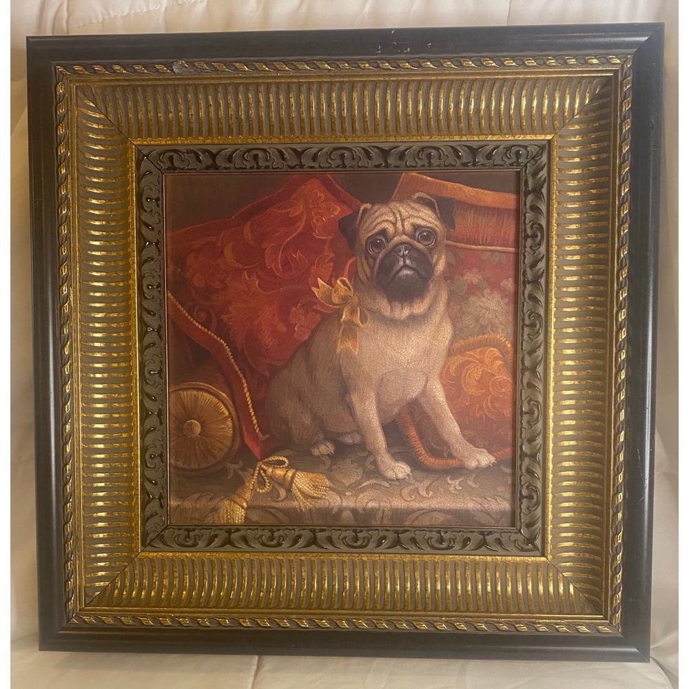 Vintage Pampered Pug Framed Art Print Dog Portrait Gold Ornate Frame AM545